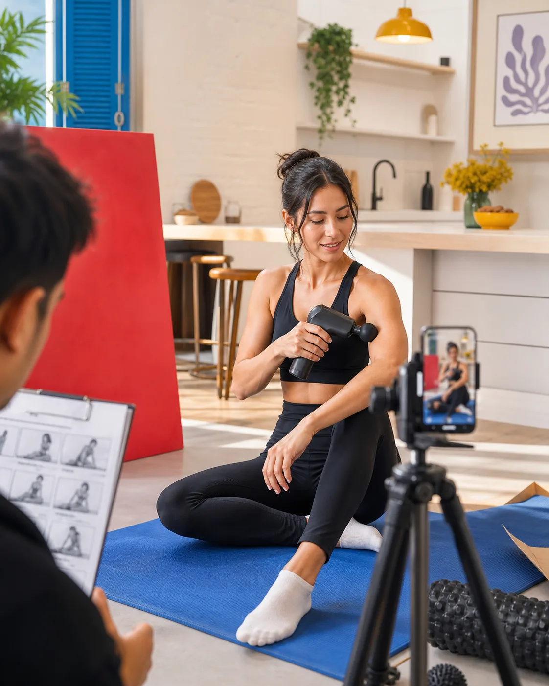 A creator demonstrates an unbranded recovery product while a producer checks the shot brief.