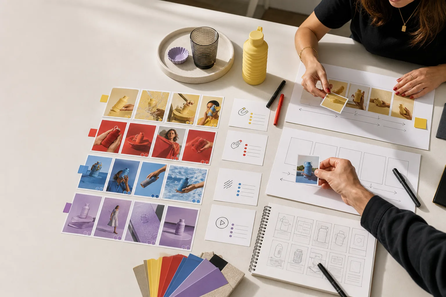 Hands organize product-ad observations into a new creative storyboard.